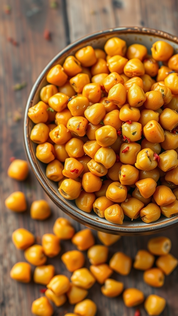 Crispy roasted chickpeas seasoned with spices in a bowl on a wooden table.